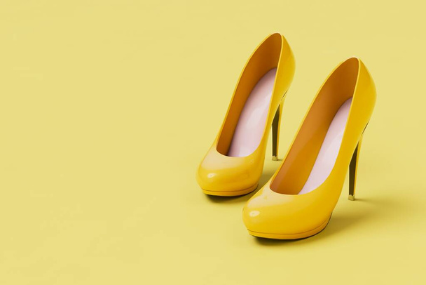 Beautiful women's shoes with yellow heels on a yellow background. copy paste, copy space. 3D render. - Foto, immagini