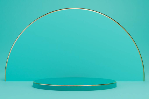 a round podium for placing products on a turquoise background on which a golden arch. 3D render. - Photo, Image