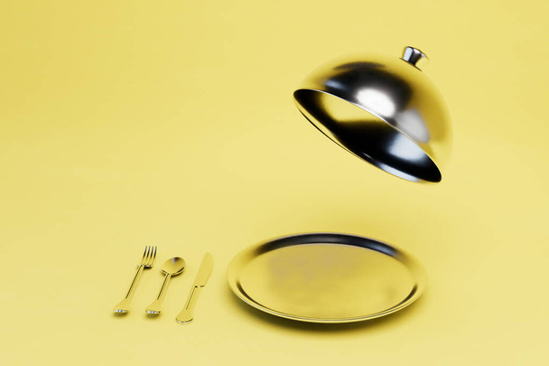 a plate with an open lamb next to the cutlery on a yellow background. copy paste, copy space. 3D render. - Foto, immagini