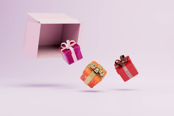 there are no such things as many gifts. a large box from which gift boxes are poured on a pastel background. 3D render. - Fotoğraf, Görsel
