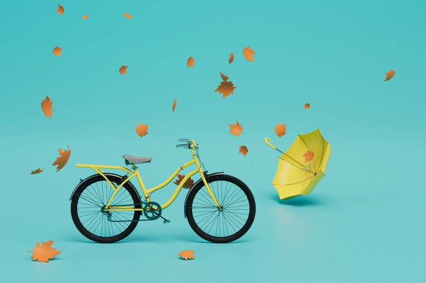 paseos en bicicleta de otoño. una bicicleta, un paraguas y hojas volando a su alrededor sobre un fondo azul. Renderizado 3D. - Foto, Imagen