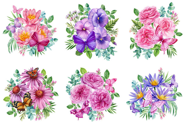 Ramo con flores y mariposas, Ilustración floral en estilo acuarela vintage. Diseño de flora. ilustración de alta calidad - Foto, imagen