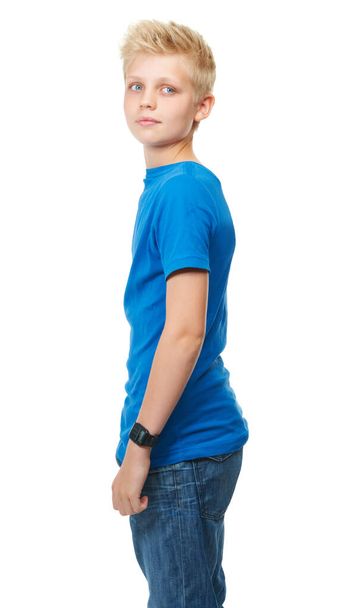 Someone caught his eye. Cropped studio shot of a blond teenage boy against a white background - Photo, image