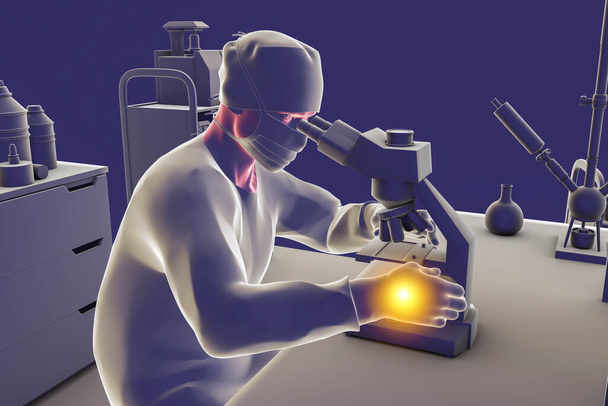 Karpaltunnelsyndrom bei Laborarbeitern, konzeptionelle 3D-Illustration, die einen Laborspezialisten zeigt, der mit dem Mikroskop arbeitet und Handschmerzen hat - Foto, Bild