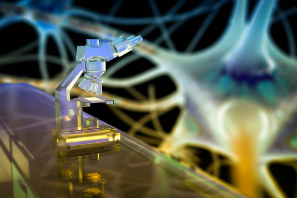 Microscopio binocular óptico sobre fondo con imagen micromundial de neuronas cerebrales, ilustración conceptual 3D. Ciencia e investigación - Foto, Imagen