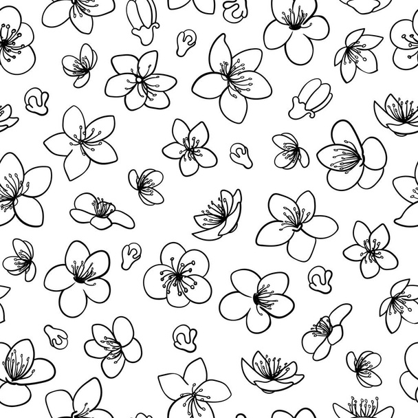 Spring blossom flowers black line isolated vector seamless pattern - Vektör, Görsel