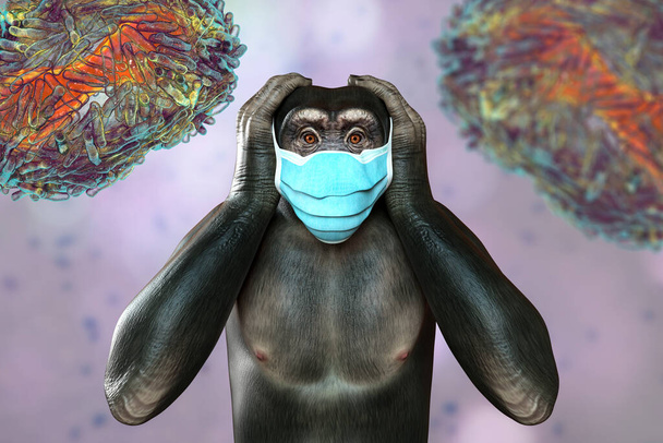 Upset monkey in a mask holding his head surrounded by monkeypox viruses, conceptual 3D illustration. Monkeypox awareness. Viral epidemics and pandemics transferred from animals concept - Photo, Image