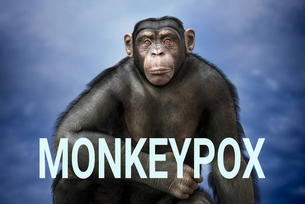 Chimpanzee monkey and Monkeypox text, conceptual 3D illustration. Monkeypox awareness concept - Photo, Image