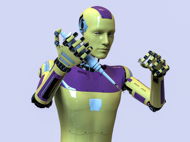 Ein humanoider Roboter, der im Labor mit Pipette und Rohr arbeitet, konzeptionelle 3D-Illustration. Künstliche Intelligenz, Automatisierung von Wissenschaft, Forschung und klinischen Diagnosekonzept - Foto, Bild