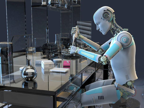 Een humanoïde robot werkend in laboratorium met pipet en buis, conceptuele 3D illustratie. Kunstmatige intelligentie, automatisering van wetenschap, onderzoek en klinische diagnostiek - Foto, afbeelding