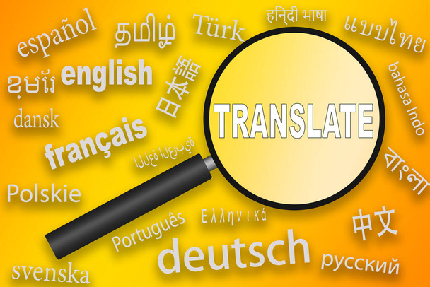 International language translation search concept with magnifying glass, 3d rendering - Valokuva, kuva