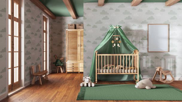Dřevěný dětský pokoj s tapetami v zelených a béžových odstínech s rámovou maketou. Dětská postýlka, koberec a hračky. Vintage interior design - Fotografie, Obrázek