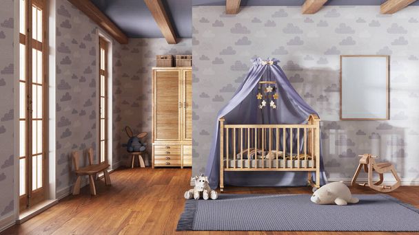 Wooden nursery with wallpaper in violet and beige tones with frame mockup. Canopy crib, carpet and toys. Vintage interior design - Photo, Image