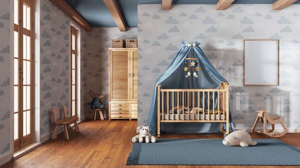 Dřevěný dětský pokoj s tapetami v modrých a béžových odstínech s rámovou maketou. Dětská postýlka, koberec a hračky. Vintage interior design - Fotografie, Obrázek