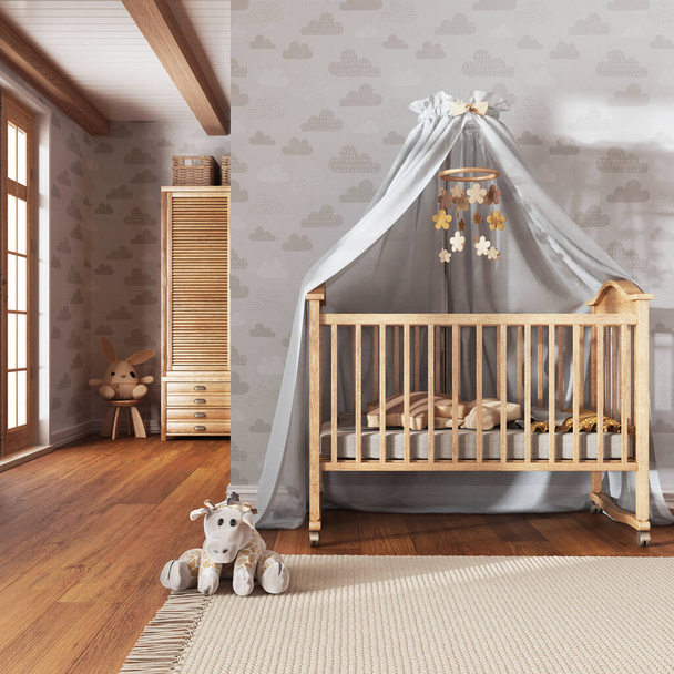 Wooden nursery with wallpaper in white and beige tones. Canopy crib, carpet and toys. Farmhouse interior design - Photo, Image