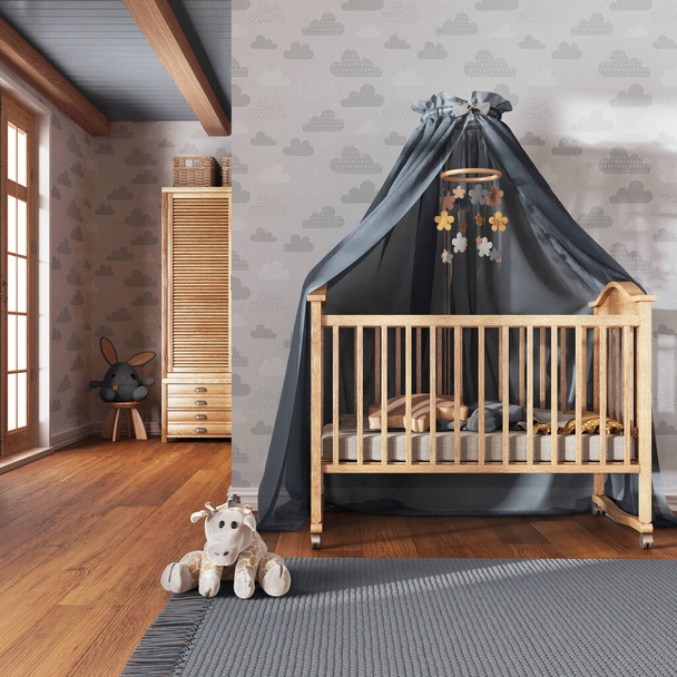 Wooden nursery with wallpaper in white and gray tones. Canopy crib, carpet and toys. Farmhouse interior design - Photo, Image