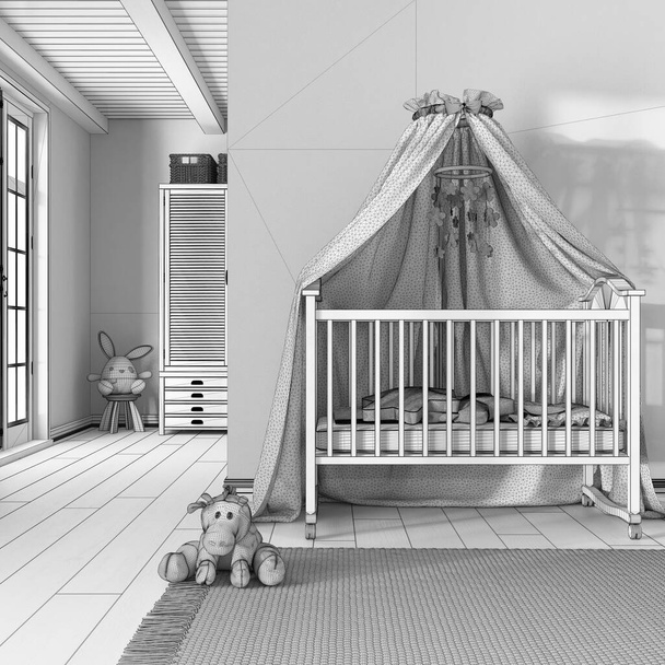 Blueprint unfinished project draft, wooden nursery. Canopy crib, carpet and toys. Farmhouse interior design - Photo, Image