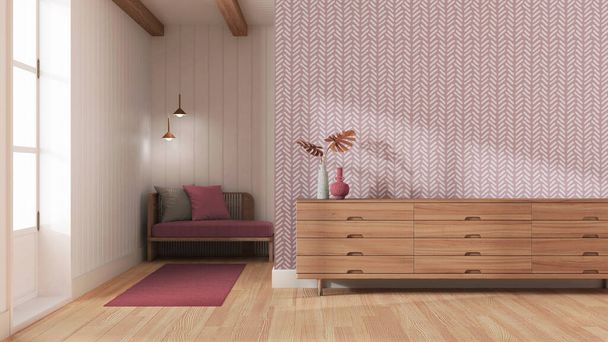 Σαλόνι Japandi σε λευκό και κόκκινο χρώμα. Ξύλινο συρταριέρα με σχέδιο τοίχου. Παρκέ και ταπετσαρία. Σύγχρονη εσωτερική διακόσμηση - Φωτογραφία, εικόνα