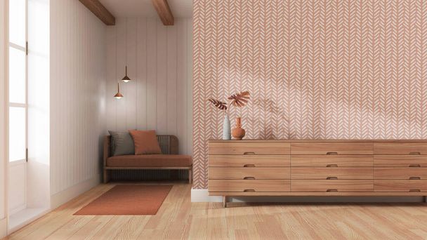 Salón Japandi en tonos blanco y naranja. Cajonera de madera con maqueta de pared. Parquet y papel pintado. Diseño interior moderno - Foto, Imagen