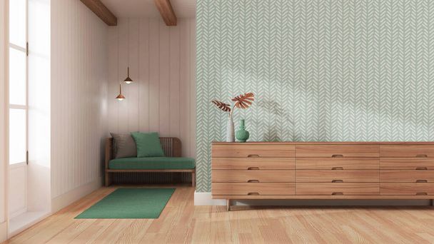 Japandi sala de estar en tonos blancos y verdes. Cajonera de madera con maqueta de pared. Parquet y papel pintado. Diseño interior moderno - Foto, Imagen