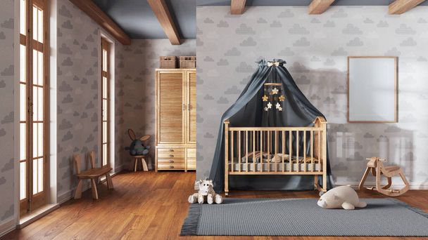 Wooden nursery with wallpaper in gray and beige tones with frame mockup. Canopy crib, carpet and toys. Vintage interior design - Photo, Image