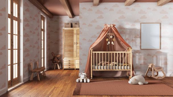 Wooden nursery with wallpaper in orange and beige tones with frame mockup. Canopy crib, carpet and toys. Vintage interior design - Photo, Image
