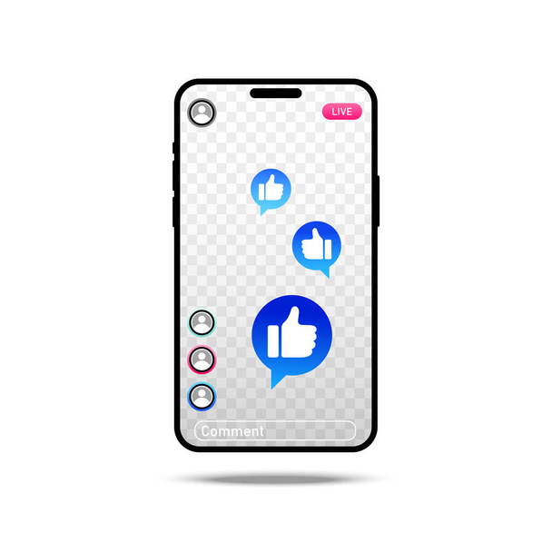Blue bubble with thumb up like for live stream video chat background. Mobile app screen phone. Network symbol content. Vector flat design tamplate illustration - Vector, Image
