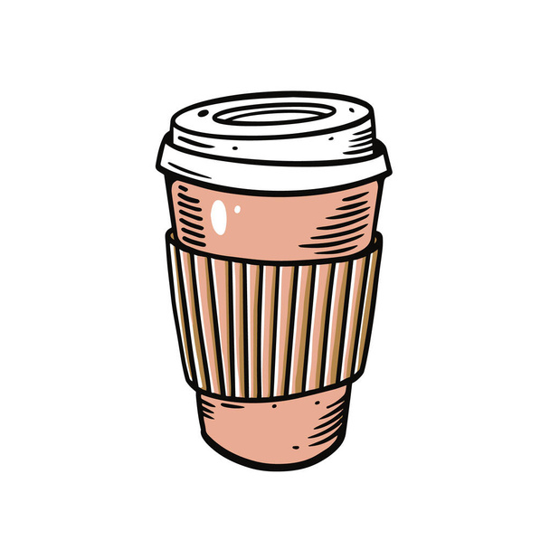 Кофейная чашка, кофе с собой. Ручная рисованная цветная векторная иллюстрация в стиле мультфильма на белом фоне. - Вектор,изображение