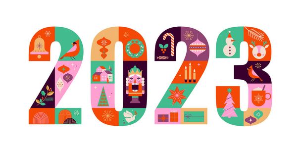 Felice anno nuovo 2023 disegno geometrico astratto, regali di festa, elementi invernali, candele, albero di Natale, villaggio e decorazioni natalizie. Illustrazione vettoriale in stile fumetto geometrico piatto - Vettoriali, immagini