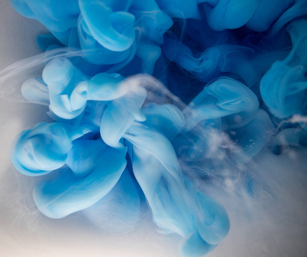 Real shot color paint drops in water. Abstract white Ink cloud collision isolated on blue background. Liquid marble pattern. Modern art. Abstract fluid acrylic painting. - Photo, Image