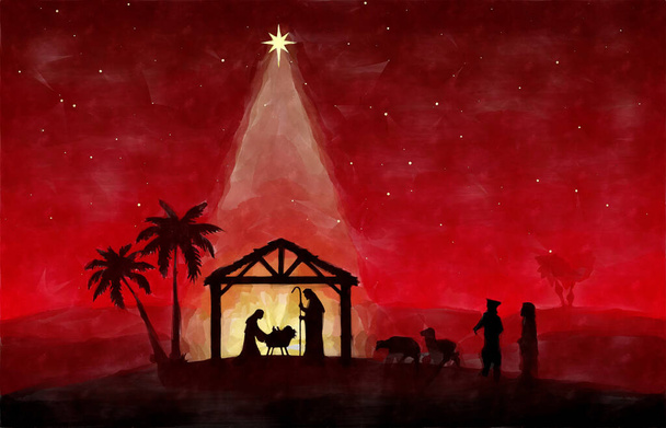 Punainen joulu Nativity Scene tausta. Vesivärimaalaus luonnos. Tervehdyskortin tausta. - Valokuva, kuva