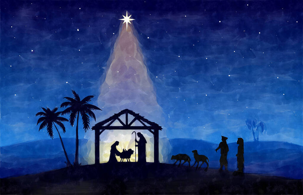 Sininen joulu Nativity Scene tausta. Nämä paimenet menevät erämaan seimeen. Vesivärimaalaus luonnos. Tervehdyskortin tausta. - Valokuva, kuva