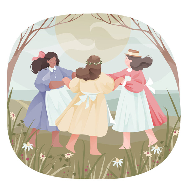 Három fiatal lány táncol egy virágos réten. Vektorillusztráció, karaktertervezés. - Vektor, kép