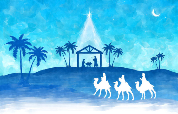 Presepe di Natale nel deserto con i Re Magi, acquerello disegno pittura. Sfondo biglietto di auguri. - Foto, immagini