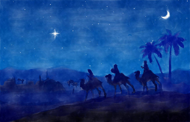 Голубой рождественский фон. Три волхва идут к яслям в пустыне. Эскиз акварели. Фон поздравительной открытки. - Фото, изображение