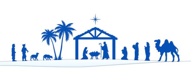 Blue Christmas Nativity scene. Greeting card banner background. Vector EPS10. - Vector, Image