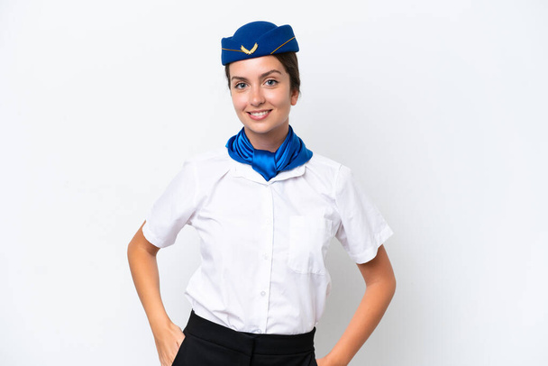 Airplane stewardess caucasian woman isolated on white background laughing - Fotó, kép
