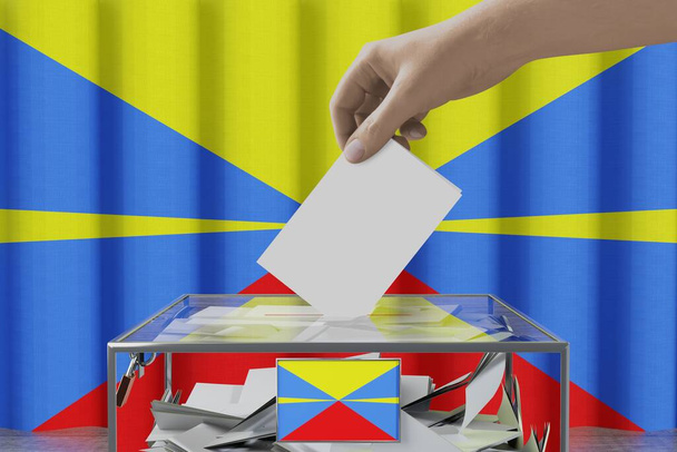 Bandiera della riunione, mano cadere scheda elettorale in una scatola - concetto di voto / elezione - Illustrazione 3D - Foto, immagini