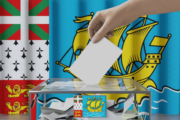 Saint-Pierre a Miquelon vlajka, ruční upuštění volební karty do boxu - koncept hlasování / voleb - 3D ilustrace - Fotografie, Obrázek