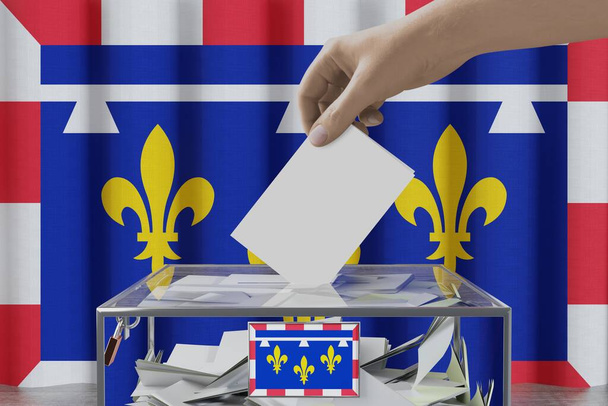Drapeau du Centre-Val de Loire, dépôt à la main d'une carte de vote dans une urne - concept vote / élection - illustration 3D - Photo, image