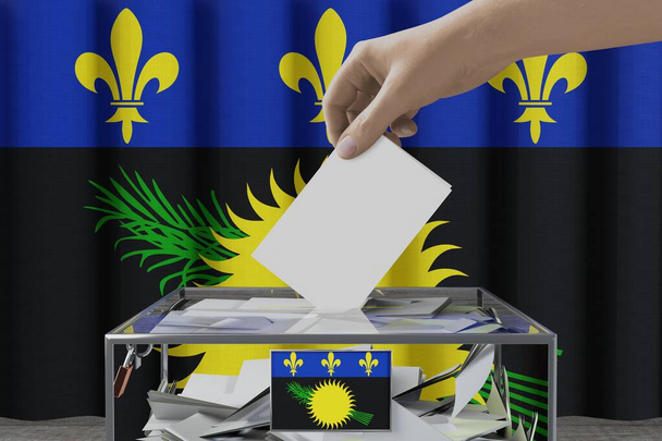Bandera de Guadalupe, mano dejando caer la tarjeta de votación en una caja - concepto de votación / elección - Ilustración 3D - Foto, imagen