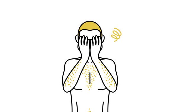 Rysunki mężczyzn cierpiących na grube włosy na ciele, pozowanie depresji, gdy zakrywa twarz dłońmi - Wektor, obraz