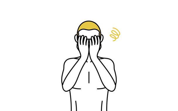 Line drawing of a man with epilated hair, depressed pose with his hands covering his face - Vector, Image