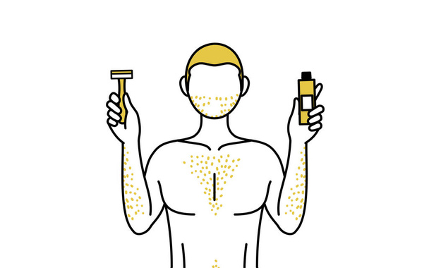 Line drawings of men suffering from thick body hair, holding a razor blade and hair removal cream - Vector, Image