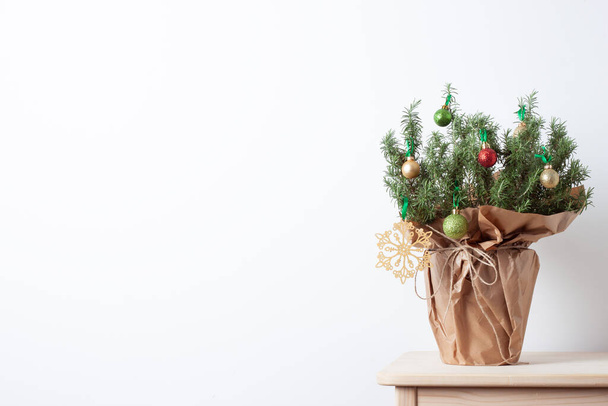 Zéro déchet décoration naturelle de Noël avec du romarin comme arbre de Noël alternatif sur fond blanc. Fermer, copier l'espace - Photo, image