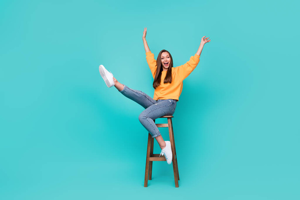 Full body size photo of young attractive prety nice woman wear yellow shirt denim celebrate weekend bar holiday isoalated on cyan color background. - Foto, Imagem