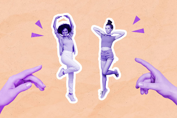 Composite collage illustration of two big arms fingers point mini girls have fun dance isolated on creative background. - Foto, Imagem