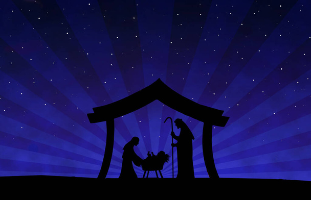 Noel Doğumu Sahnesi Mavi arka planda siyah siluet - Fotoğraf, Görsel