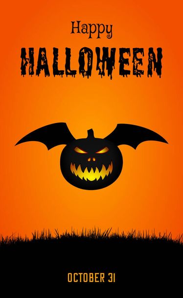 Black silhouette of Jack-o-lantern pumpkin with bat wings against an orange background. Halloween party invitation, greeting card or wallpaper.  - Vector, Imagen