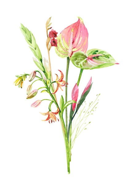 Ručně malované akvarel květinová kytice. Anthurium, eukalyptus ilustrace izolované na bílém pozadí, tisk, pozvánky nebo přání k pozdravu, obálka zahrady pro váš text. - Fotografie, Obrázek